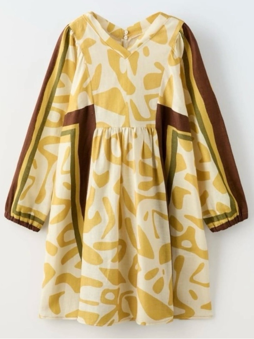 ZARA Girls Safari Print Linen Blend Long Sleeve Dress